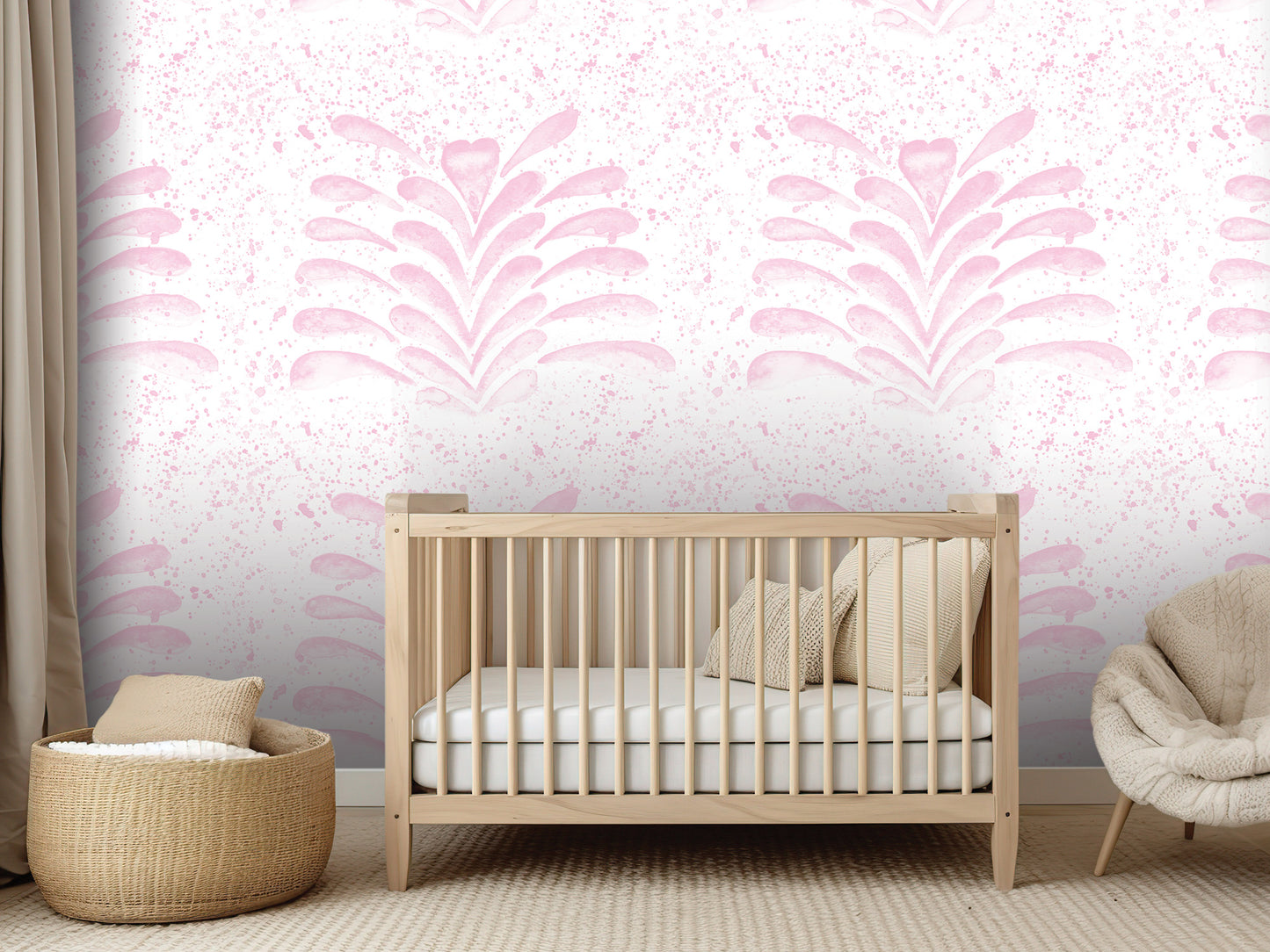 a nursery room with a wooden crib, a woven basket, and a plush chair. The walls are decorated with a pink and white patterned wallpaper, and the room has a neutral color scheme with beige and white accents.