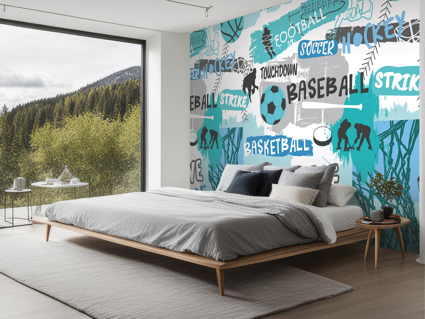 a bedroom with a large wall mural depicting various sports, including soccer, basketball, and hockey. The mural is colorful and vibrant, creating a lively and energetic atmosphere in the room.