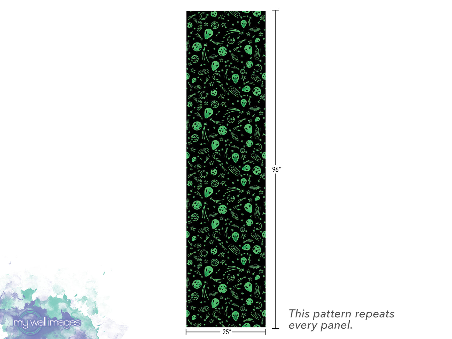A vertical panel with a repeating pattern of green skulls and other skull-like shapes on a black background.