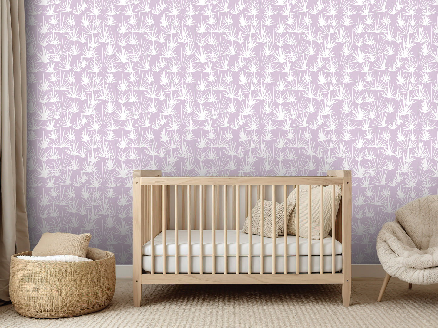 a nursery room with a wooden crib, a beige chair, and a woven basket. The walls are covered in a purple and white patterned wallpaper, creating a cozy and inviting atmosphere.