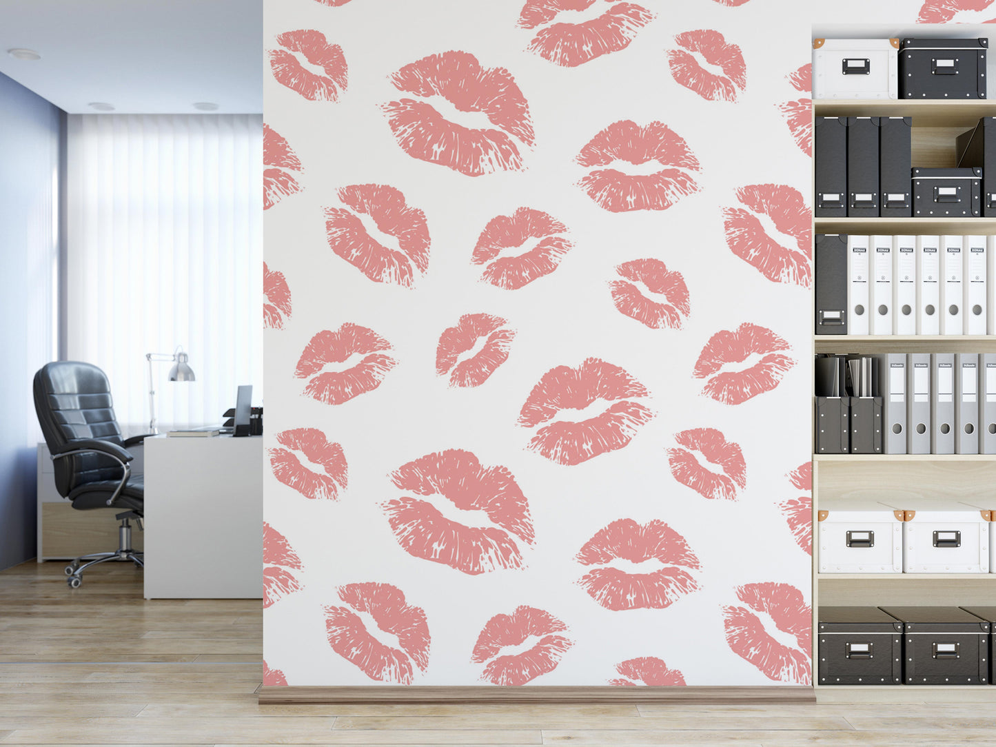 a wall with a repeating pattern of pink lips on a white background.