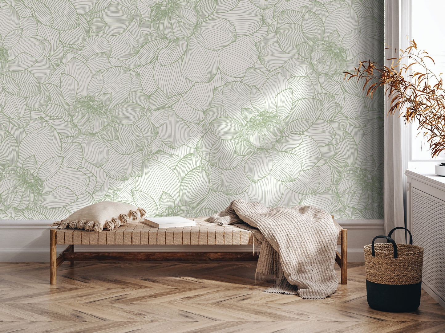 a modern and minimalist interior design with a large wallpapered wall displaying a repeating pattern of green and white flowers. In the foreground, there is a wooden bench with a beige blanket draped over it, and a woven basket next to it. The overall color scheme and arrangement of the objects create a harmonious and visually appealing space.