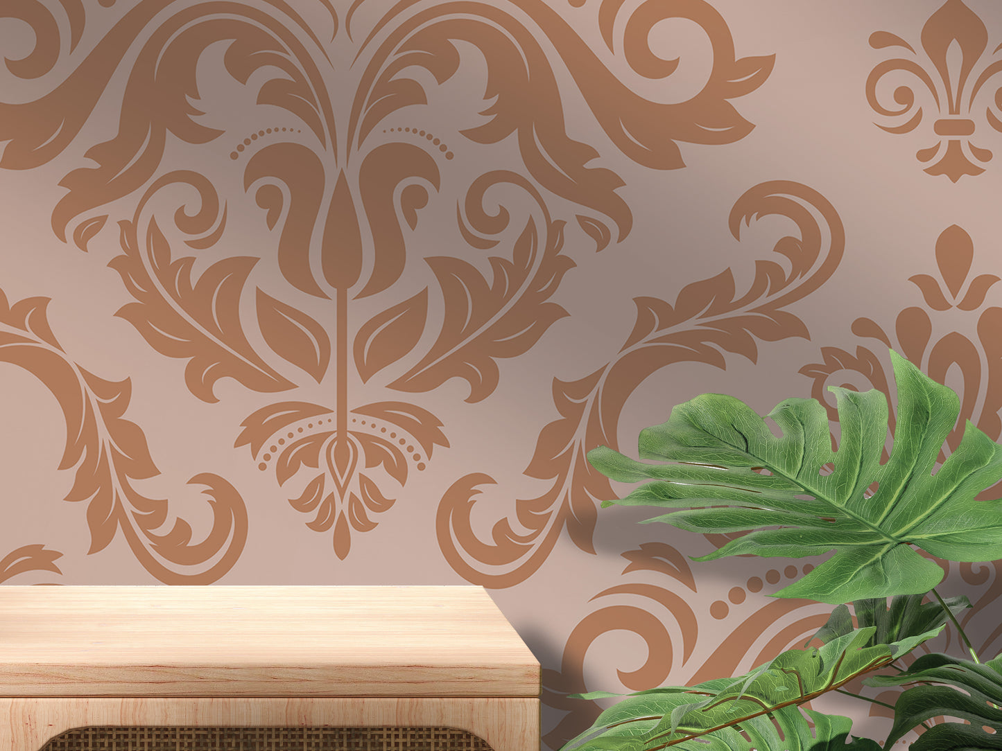 a wooden table with a plant on top of it, set against a wall with a decorative floral pattern.
