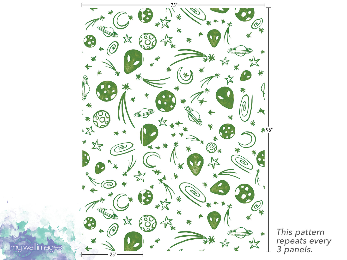 The image is a repeating pattern of green alien and celestial objects, such as planets, stars, and comets, against a white background. The pattern repeats every 3 panels.