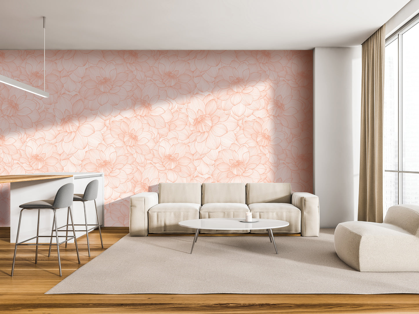 a modern living room with a pink floral wallpaper, a white sofa, a white coffee table, and a white armchair. The room has a minimalist and clean design, with a large window providing natural light.
