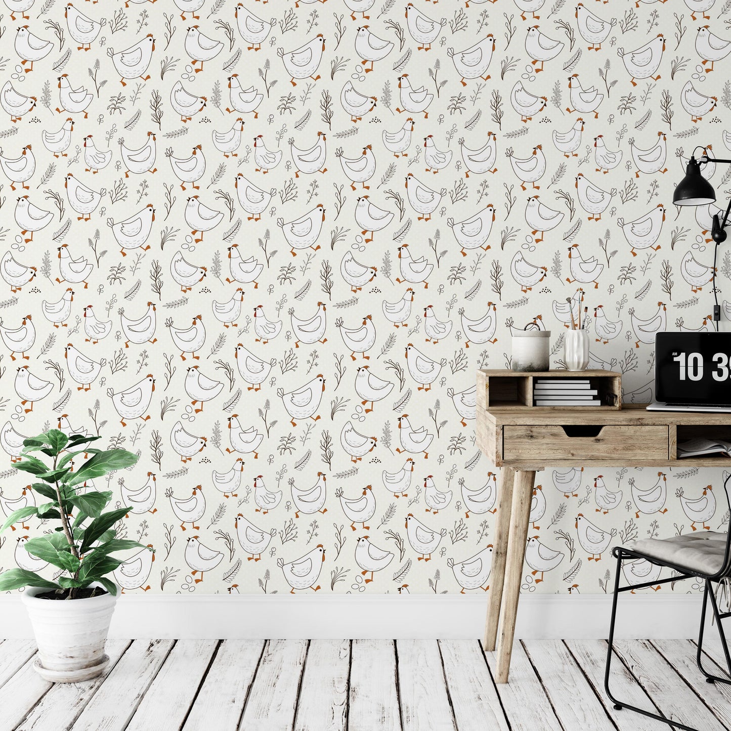 a wallpapered wall with a repeating pattern of white birds and greenery, creating a whimsical and nature-inspired atmosphere. A wooden desk with a laptop and a potted plant are situated next to the wall, adding a touch of everyday life to the scene.