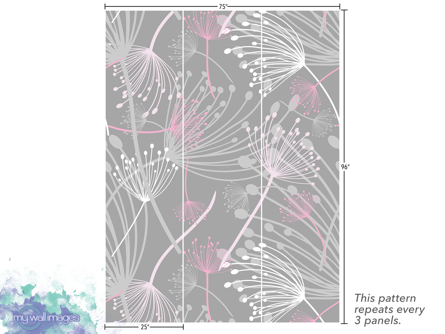 The image is a pattern of a repeating floral design in shades of gray and pink. The pattern repeats every 3 panels.
