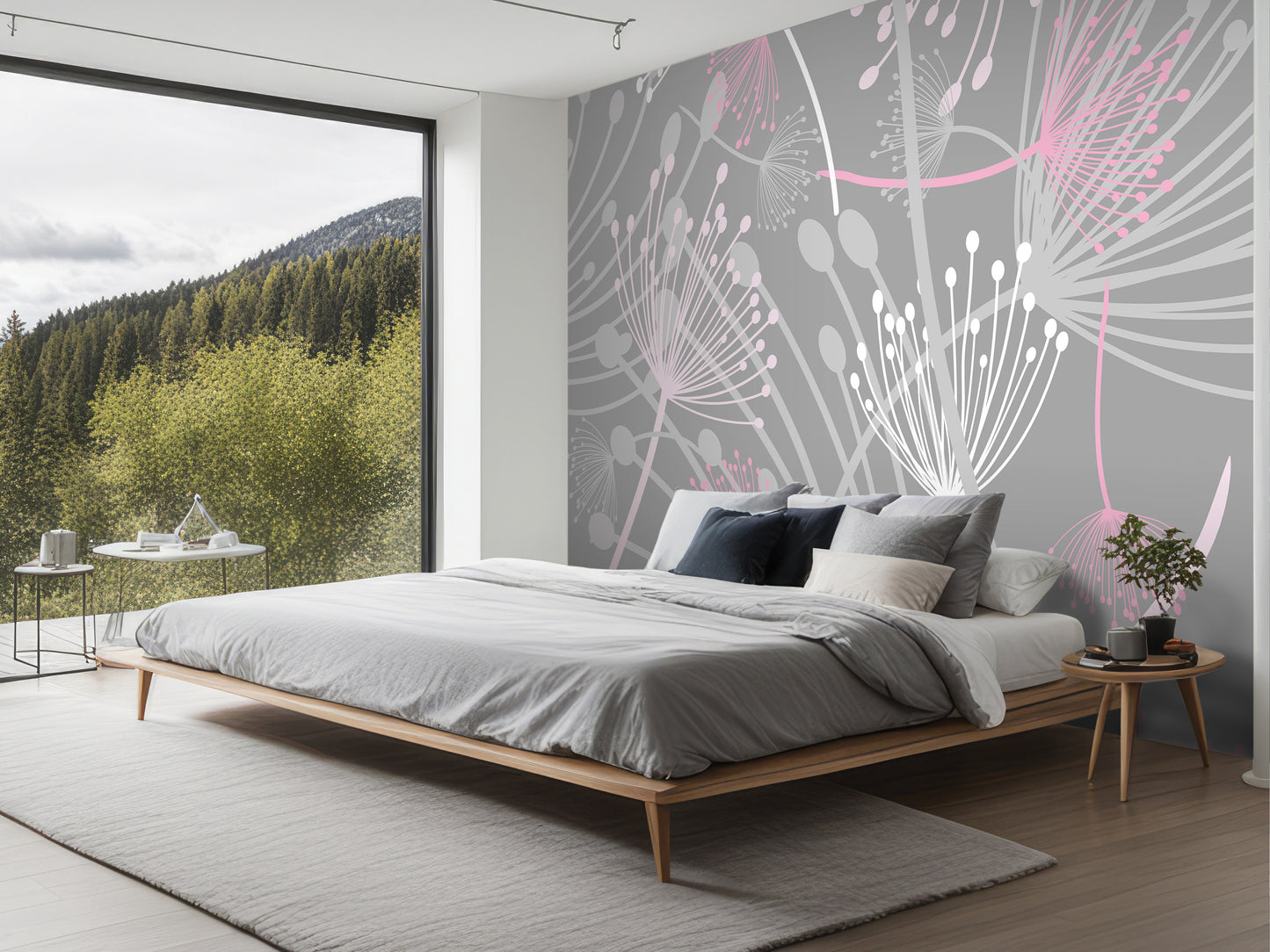 a modern bedroom with a large bed, a nightstand, and a large window overlooking a forested area.