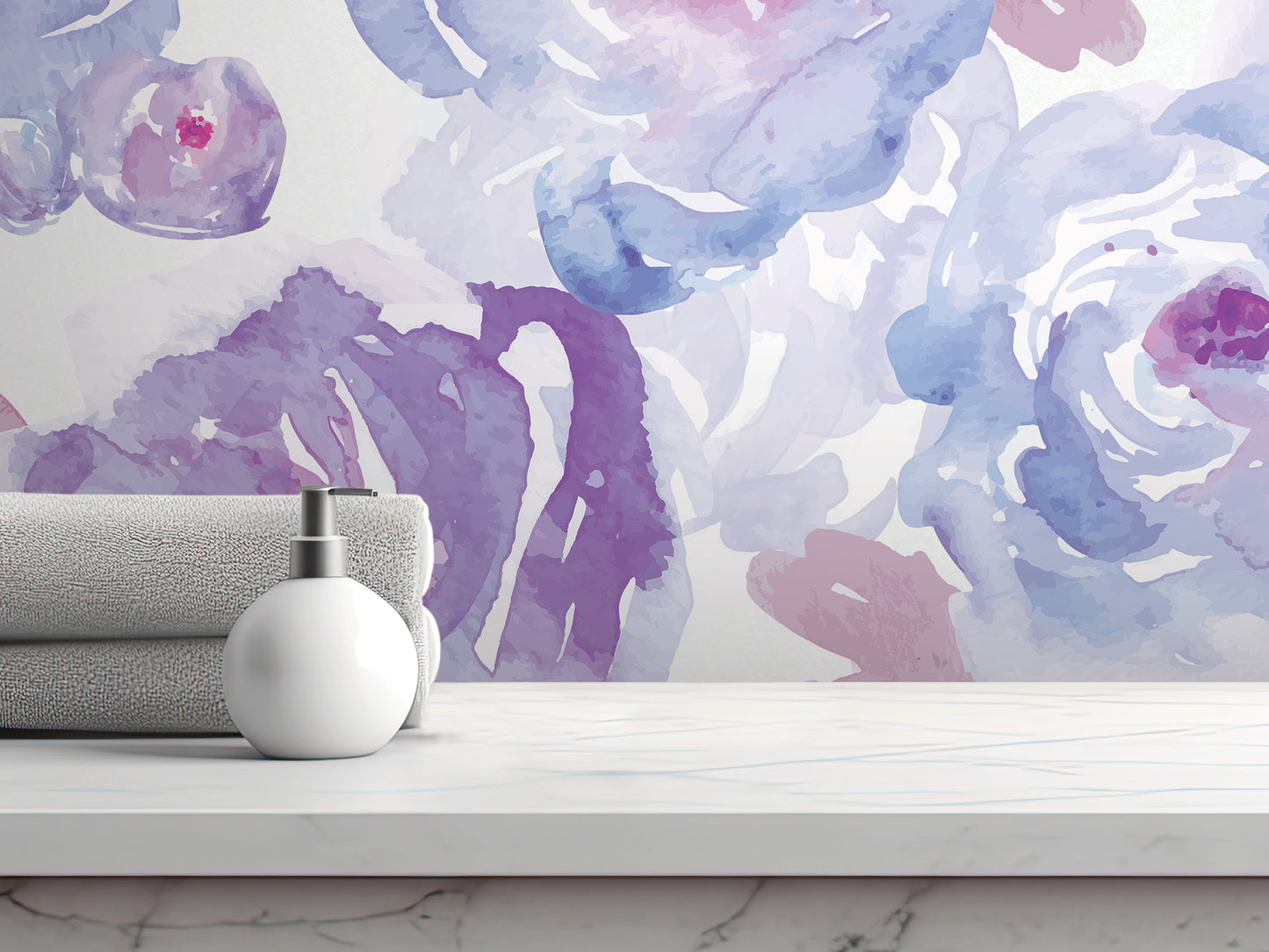 a white shelf with a white soap dispenser and a gray towel, set against a vibrant, abstract floral wallpaper.