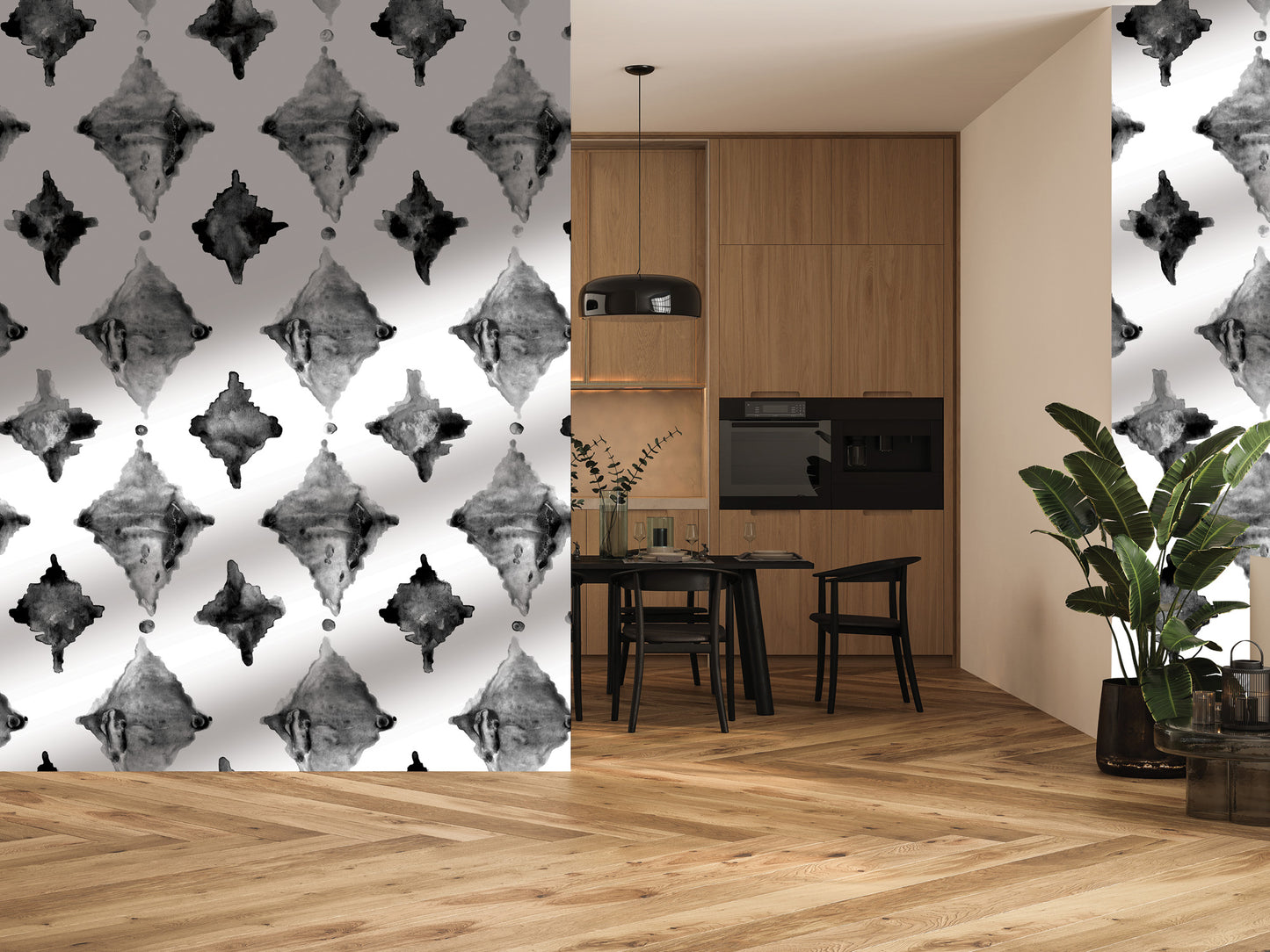 a modern kitchen with a black and white diamond pattern on the wall, a dining table with chairs, and a potted plant on the floor.