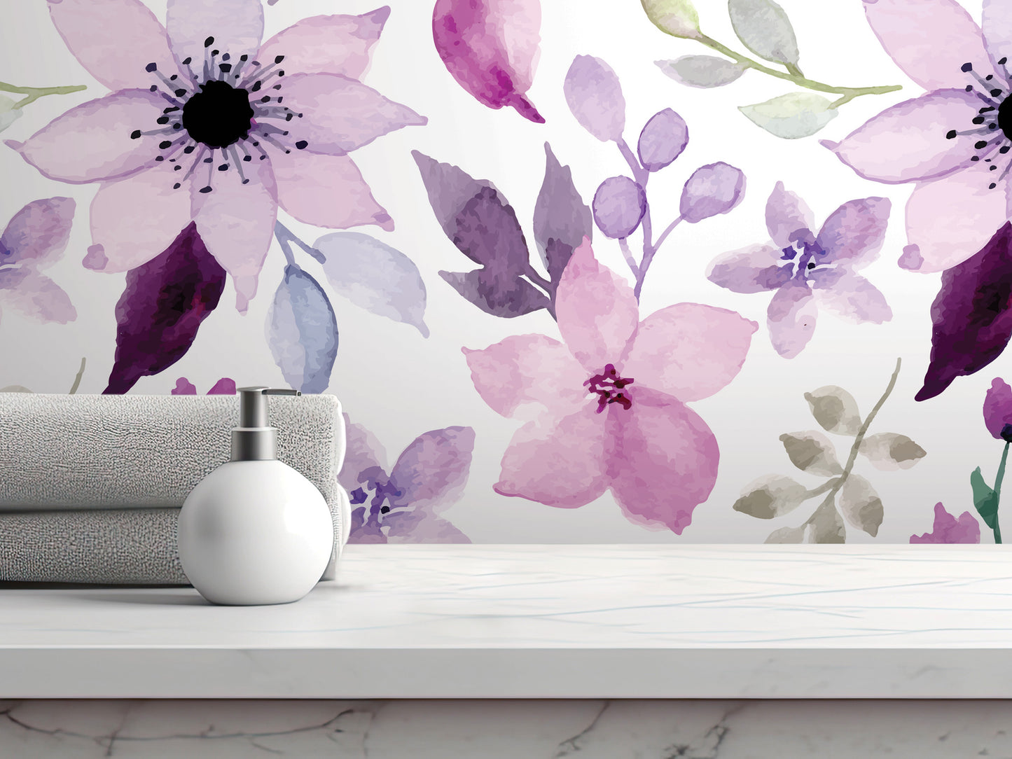 a white marble countertop with a white soap dispenser on it. Behind the countertop, there is a wall with a floral pattern painted on it, including purple and pink flowers and leaves.