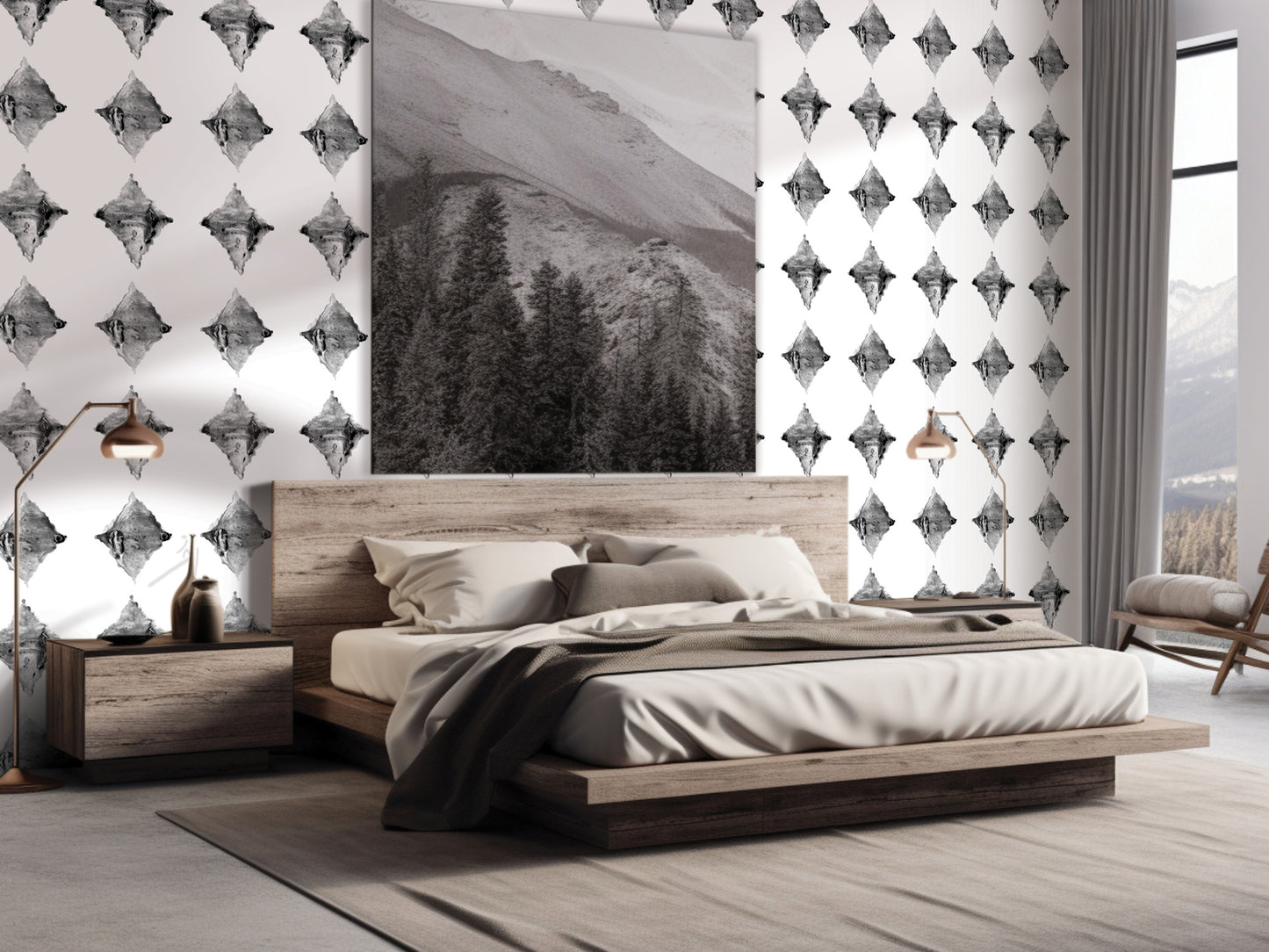 a modern bedroom with a large wooden bed, a wooden nightstand, and a large wall hanging featuring a mountain landscape.