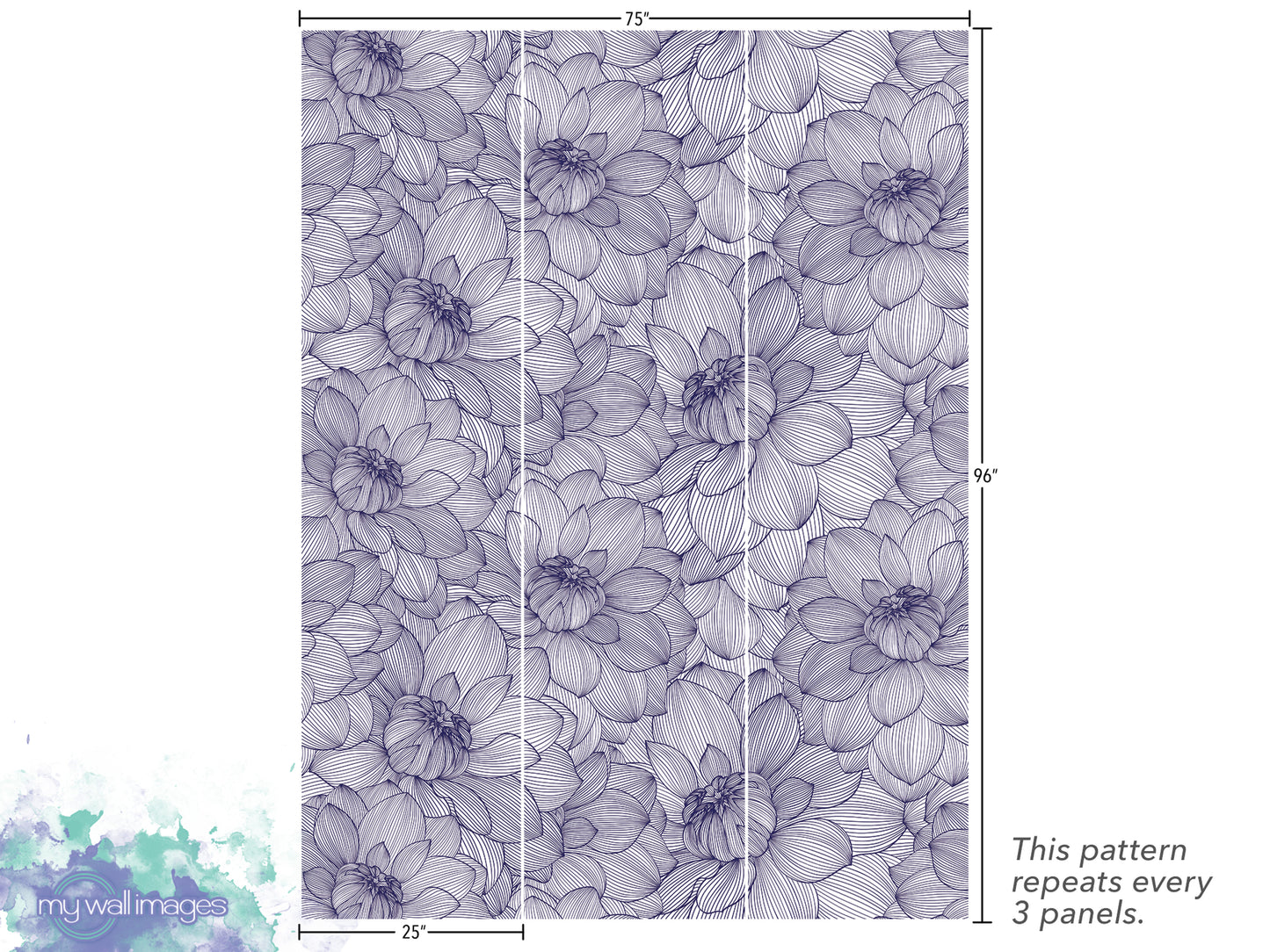 a repeating pattern of purple flowers or leaves, with the pattern repeated three times in the image. The pattern is displayed in a vertical orientation, and the image is described in terms of its size and the number of panels.