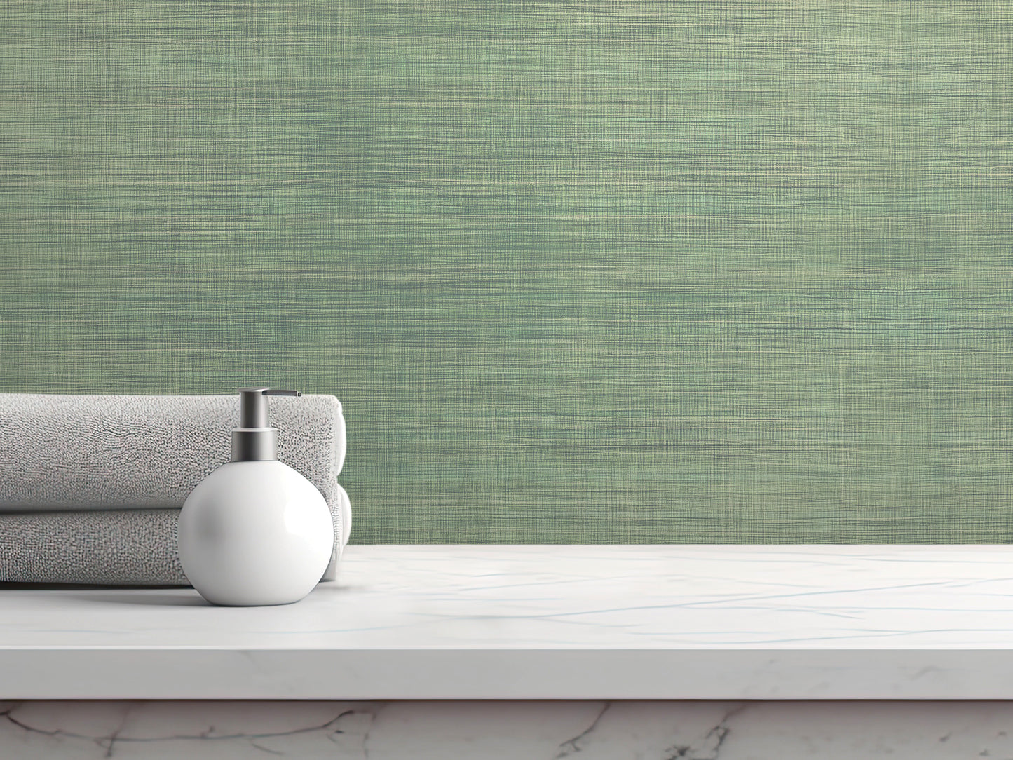 A white soap dispenser sits on a white countertop, with a stack of folded towels and a green textured wall in the background.