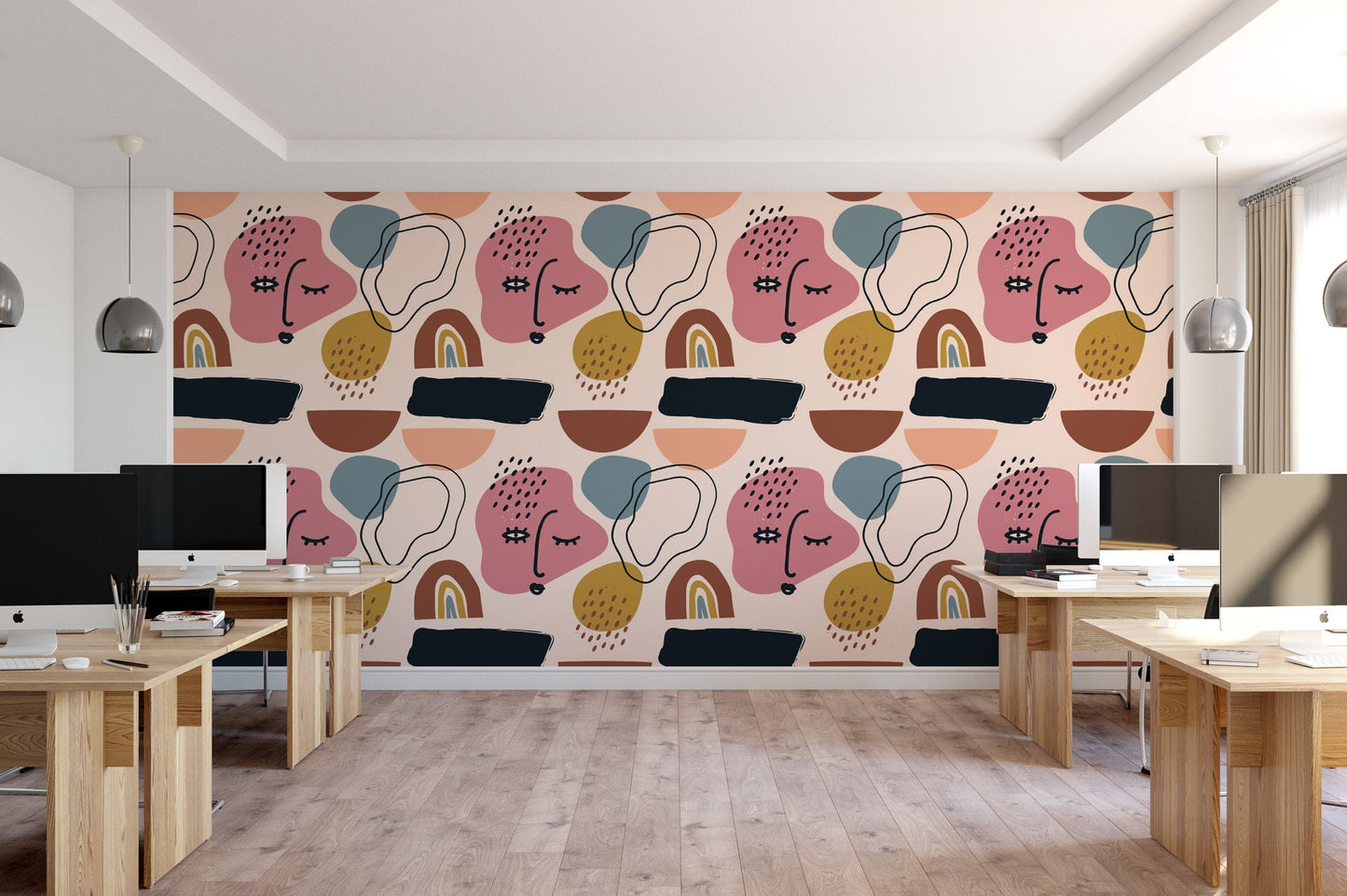 Abstract Artsy Faces Peel and Stick Wallpaper | Pink Modern Mural (MW1491)