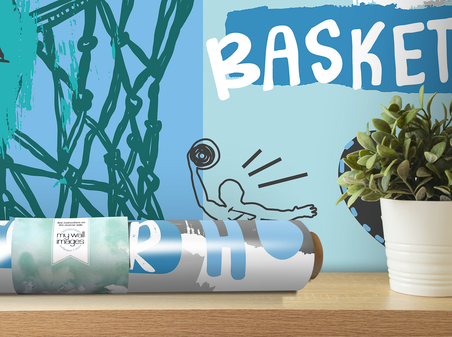 a wall with a basketball-themed poster, a potted plant, and a roll of wallpaper with a basketball design.