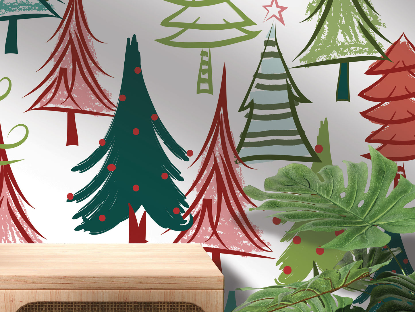 a festive scene with a variety of stylized Christmas trees and plants, creating a vibrant and colorful holiday display.