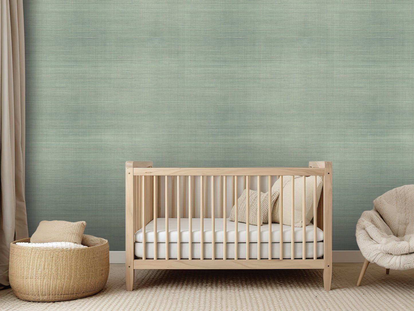 a serene nursery room with a wooden crib, a woven basket, and a plush chair, all arranged against a textured green wall.
