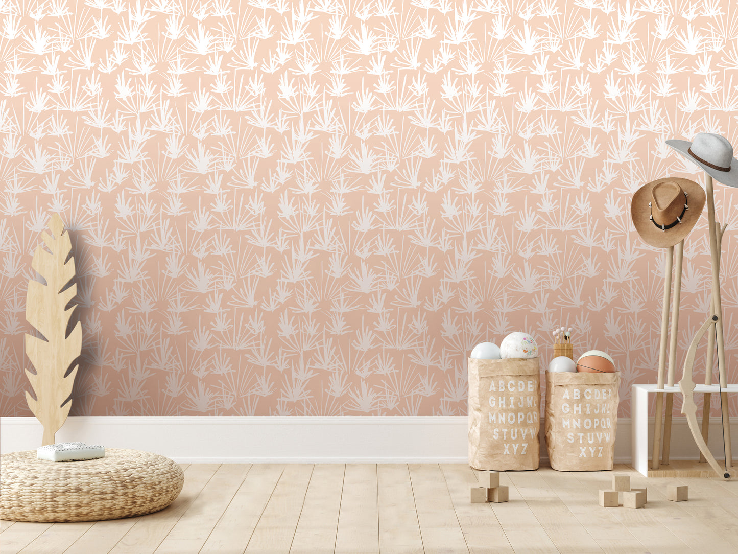 a room with a patterned wallpaper, a wicker floor, and various objects such as a hat rack, a feather, and a basket of balls.