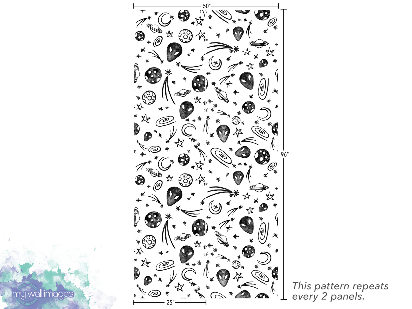 a repeating pattern of various celestial objects, such as planets, stars, and comets, arranged in a visually appealing and symmetrical manner. The pattern repeats every 2 panels, as indicated by the text.