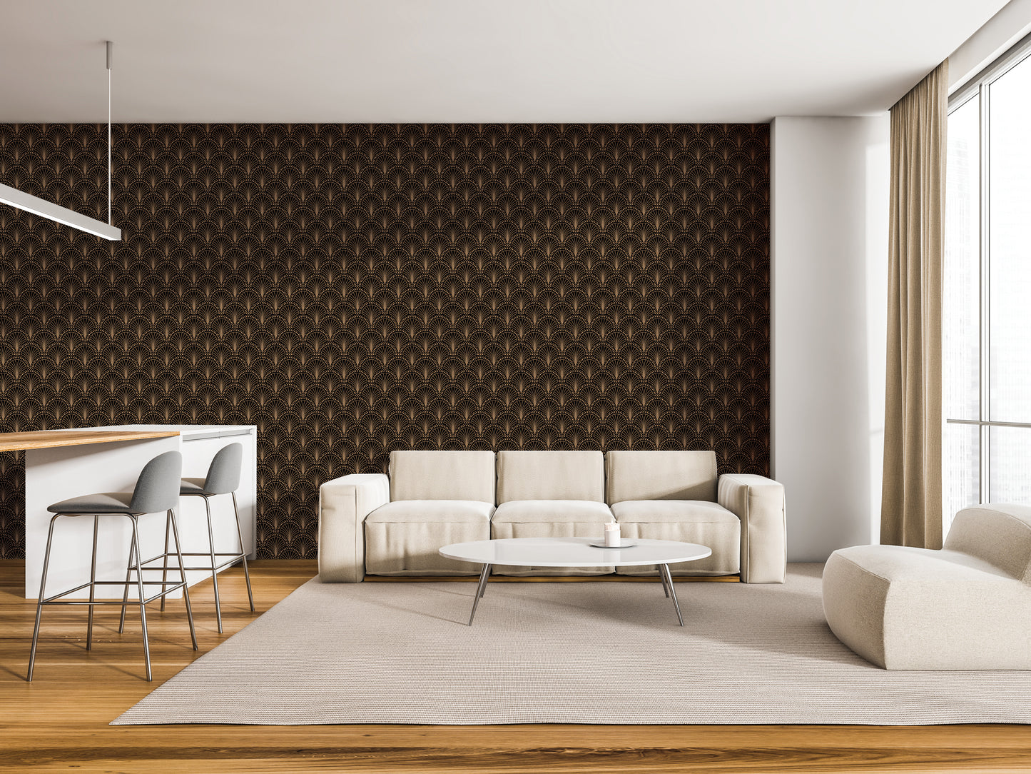 a modern living room with a white sofa, a round coffee table, and a bar with stools. The room has a neutral color scheme with a dark brown patterned wallpaper on the walls.