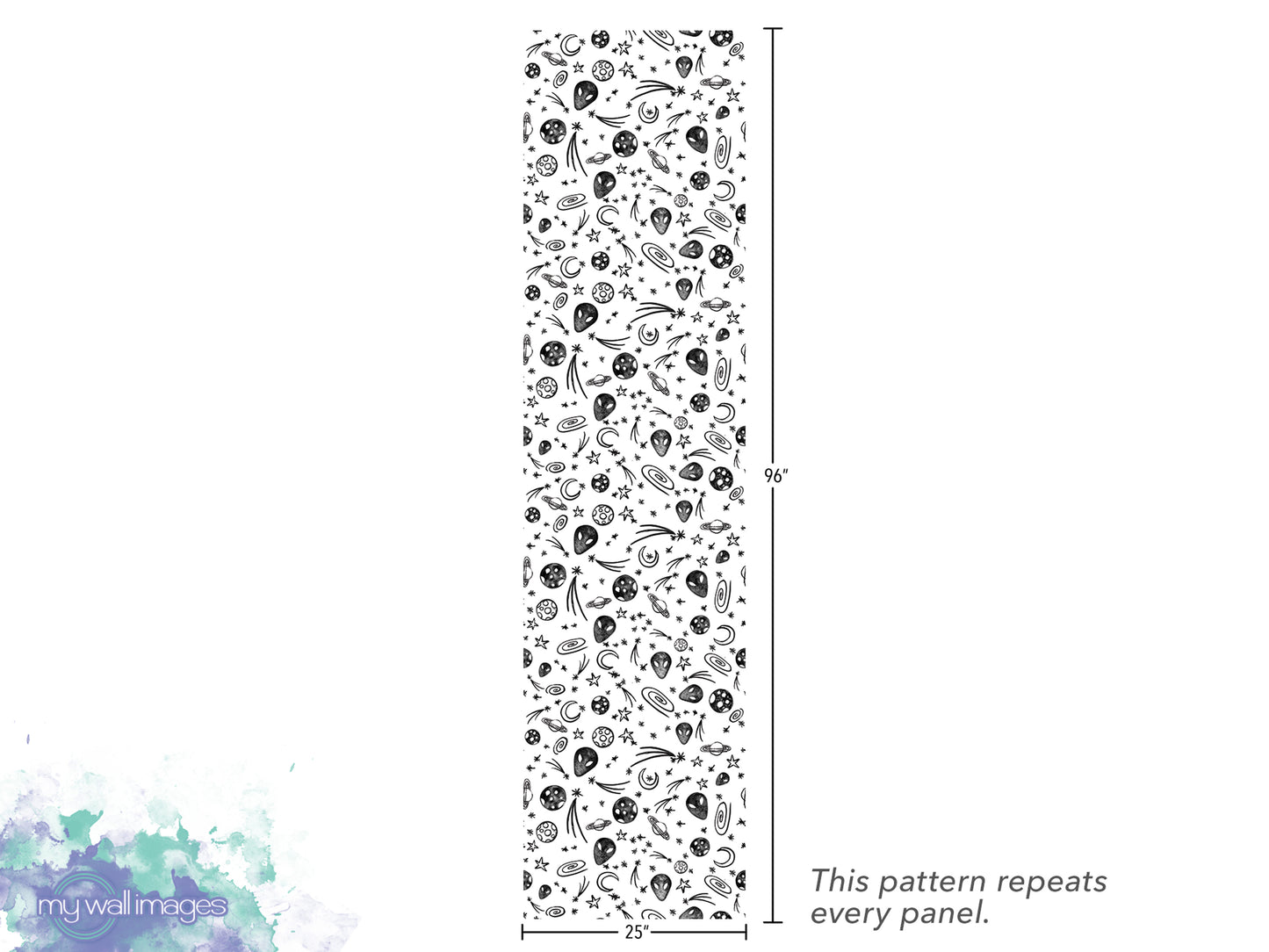 The image is a vertical panel with a repeating pattern of black and white dots and lines. The pattern repeats every panel, and the image is described as a "repeats every panel" and "25" inches tall.