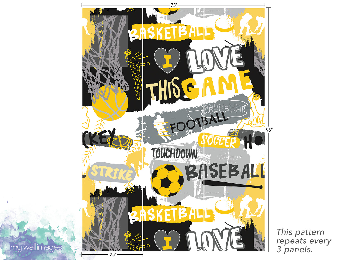 The image is a collage of various sports-related words and phrases, including "BASKETBALL", "LOVE", "THIS GAME", "FOOTBALL", "TOUCHDOWN", "STRIKE", "BASEBALL", and "SOCCER". The pattern repeats every 3 panels.