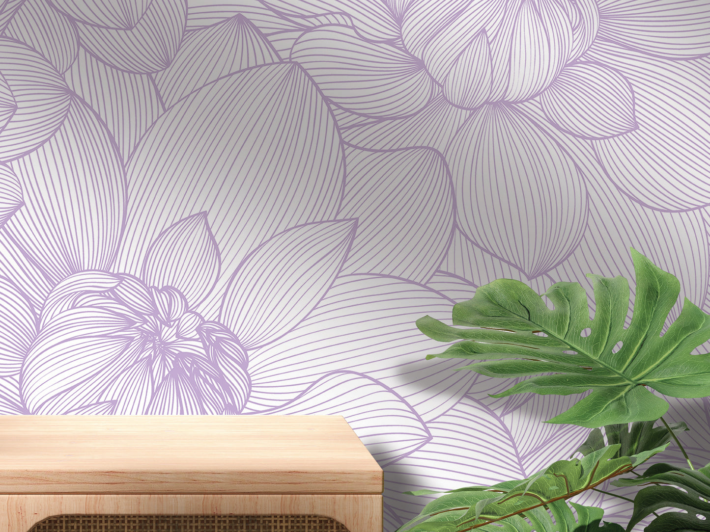 a wooden table with a plant on top of it, set against a wall with a purple floral pattern.