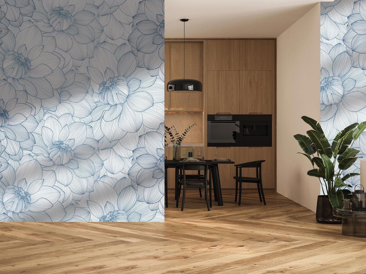 a modern kitchen with a dining area, featuring a blue and white floral pattern on the wall, a wooden floor, and a black pendant light above the dining table.