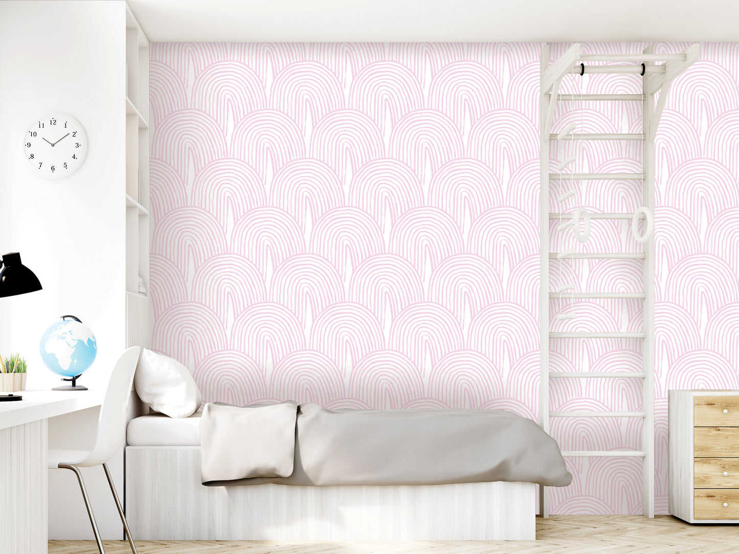 A modern bedroom with a pink and white patterned wallpaper, a white bed, a white dresser, and a white ladder.