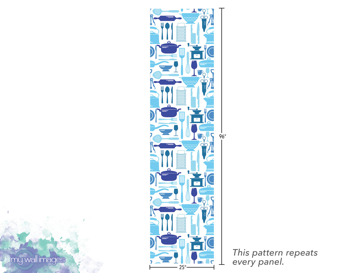 The image is a vertical panel with a repeating pattern of various kitchen utensils and appliances, such as spoons, bowls, and a grater. The pattern repeats every panel, and the image is described to be 25 inches tall.