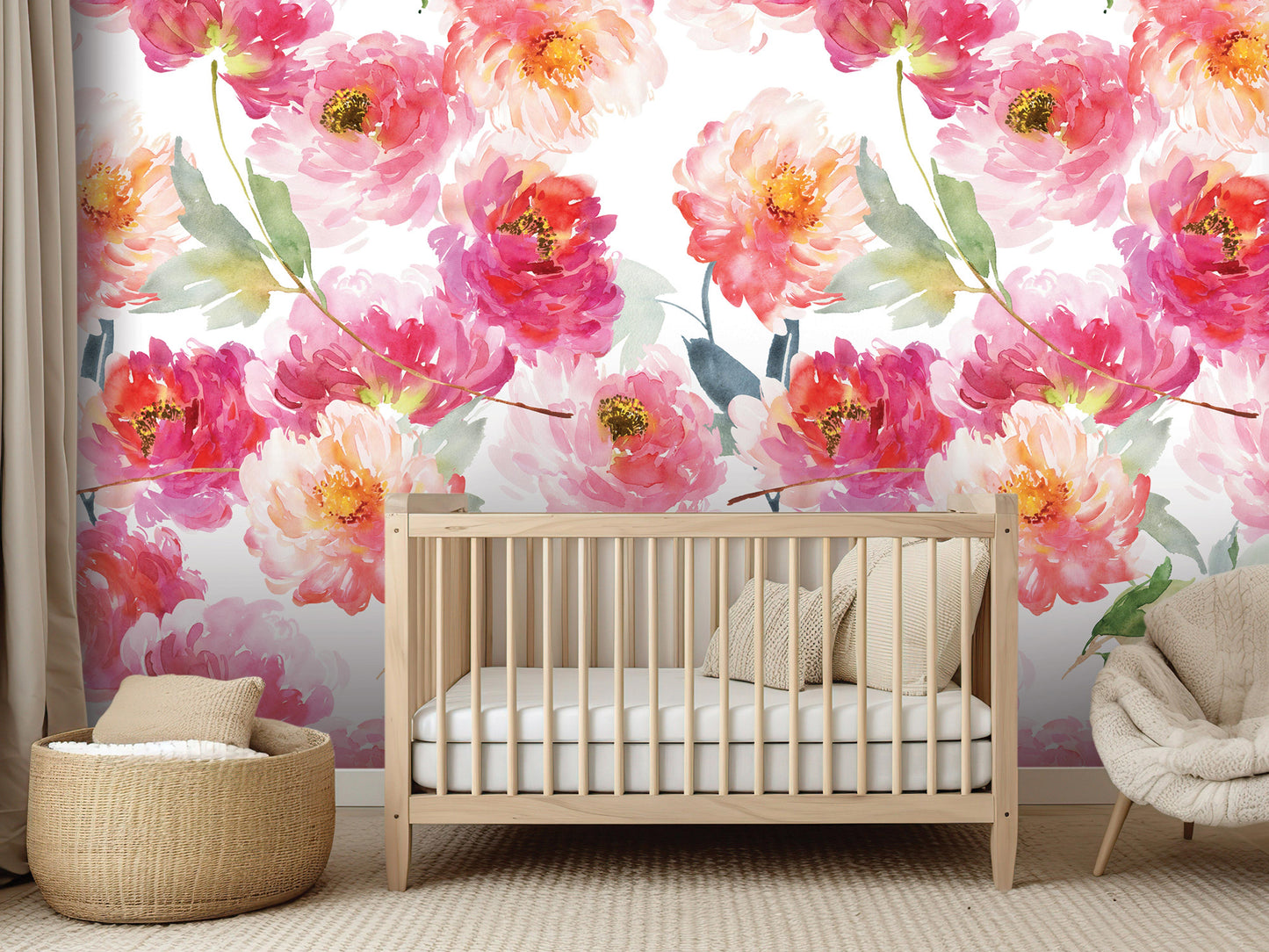 a nursery with a wooden crib, a beige chair, and a woven basket. The walls are decorated with a vibrant floral wallpaper in shades of pink and orange.