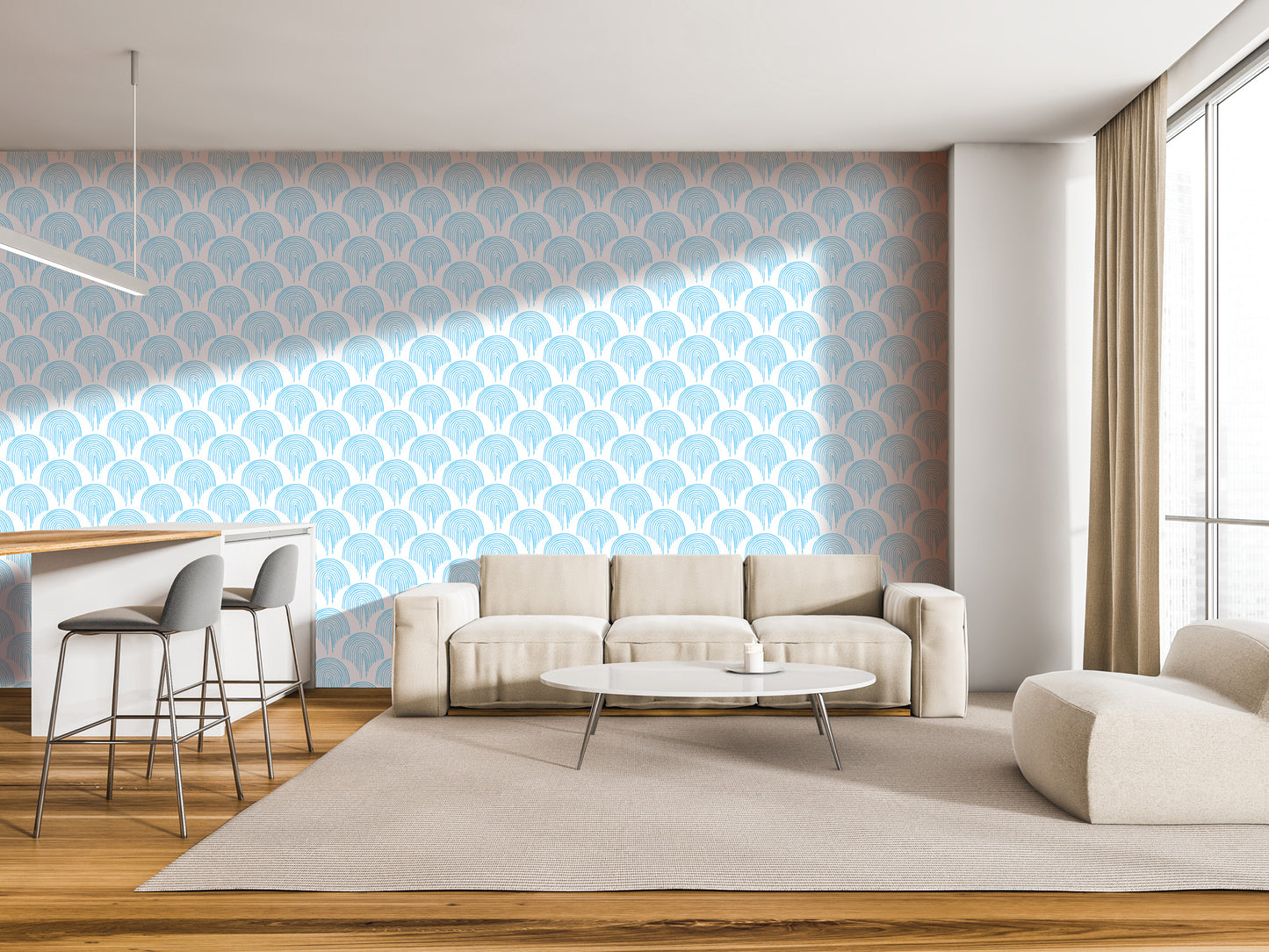 a modern living room with a white sofa, a round coffee table, and a barstool set up. The room has a large window, a patterned wallpaper, and a minimalist design.