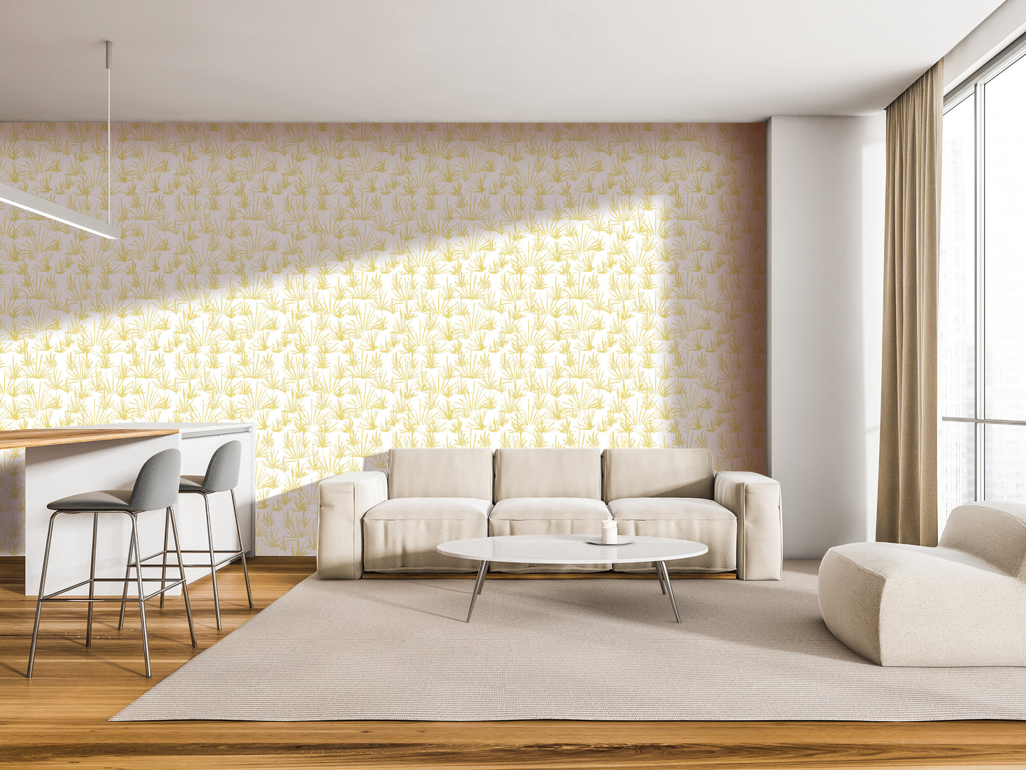 a modern living room with a beige sofa, a round coffee table, and a barstool set up. The room has a neutral color scheme with a yellow patterned wallpaper on the walls, and a large window providing natural light.