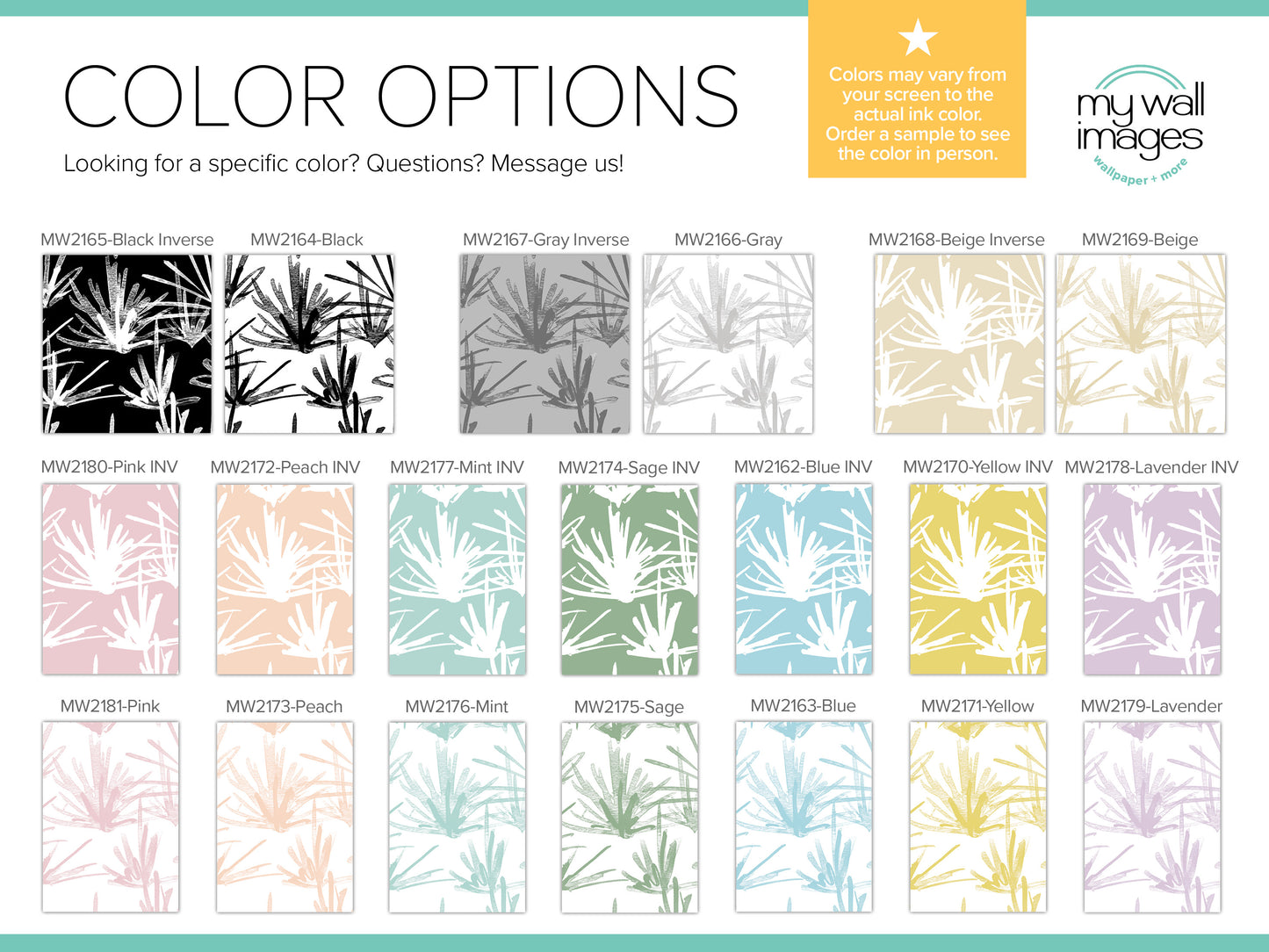 The image is a color options guide for a website called "mywall images". It displays various color options available on the website, including different shades of black, gray, and beige, as well as pastel colors like pink, peach, and blue. The guide provides a visual representation of these color options, allowing users to choose the color that best suits their preferences or needs.