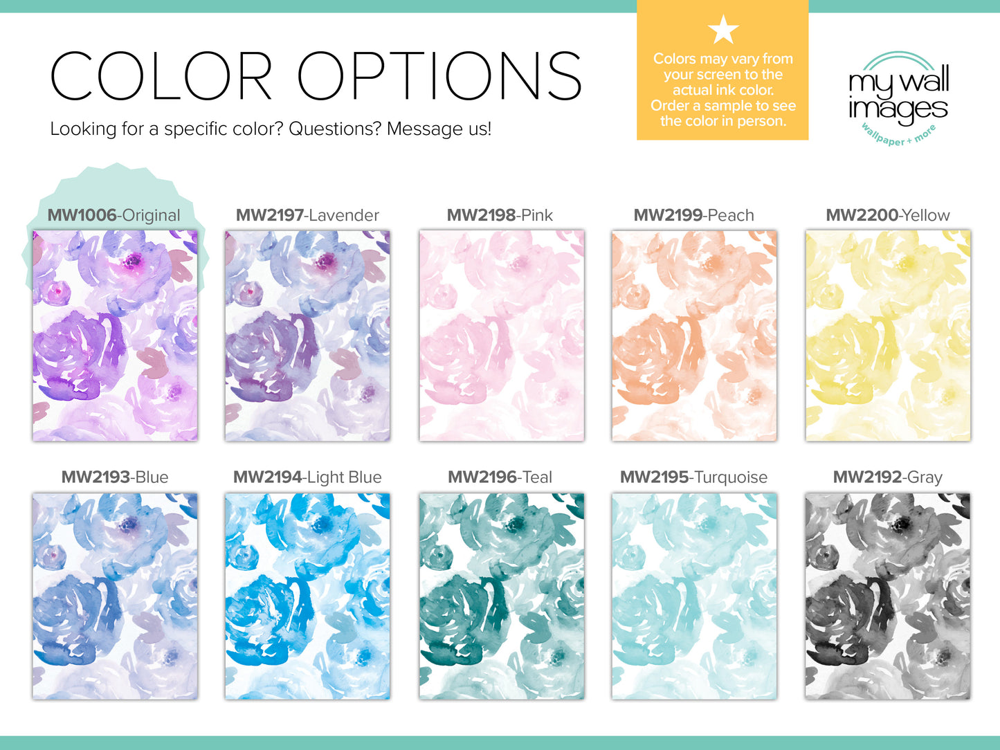 a collection of nine different floral designs, each with a unique color option. The options include "Original", "Lavender", "Pink", "Peach", "Yellow", "Blue", "Light Blue", "Teal", "Turquoise", and "Grays". The image provides a visual guide for selecting the color option based on the actual ink color, allowing the user to see the color in person.