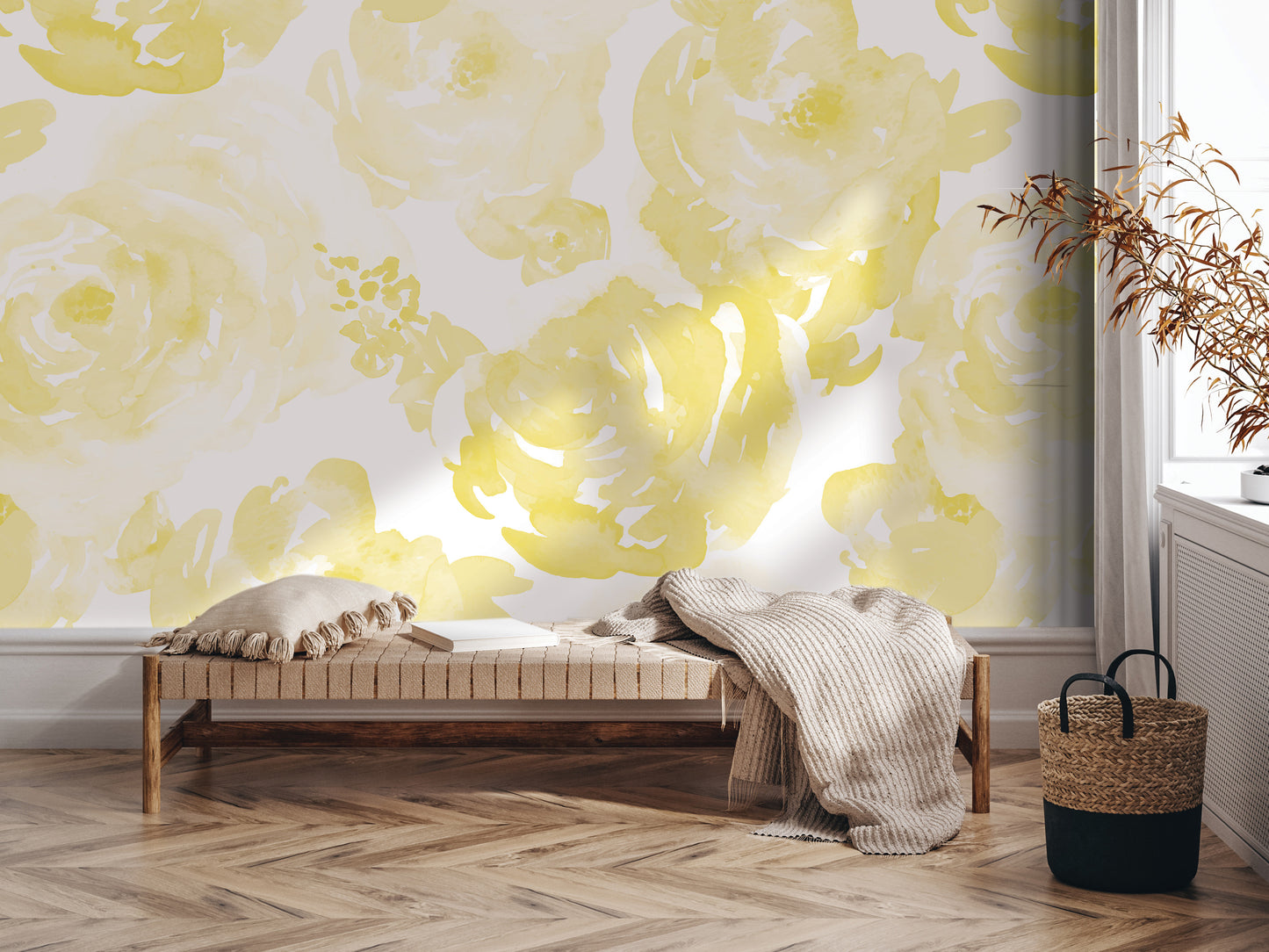 a cozy and inviting living space with a wooden bench, a woven basket, and a decorative throw blanket. The bench is positioned against a wall with a vibrant yellow floral wallpaper, creating a warm and cheerful atmosphere.