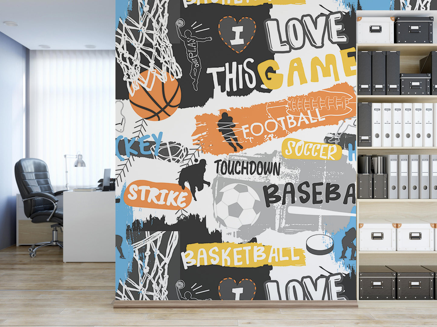 a room with a book shelf and a large poster on the wall