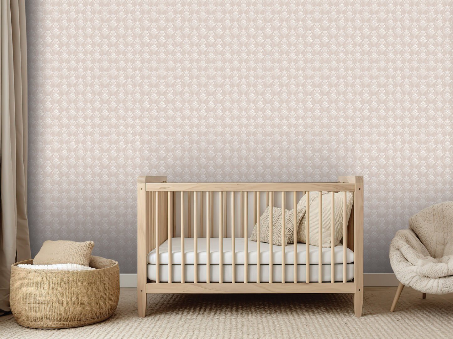 a serene nursery room with a wooden crib, a woven basket, and a plush chair, all arranged in a harmonious and visually pleasing manner.