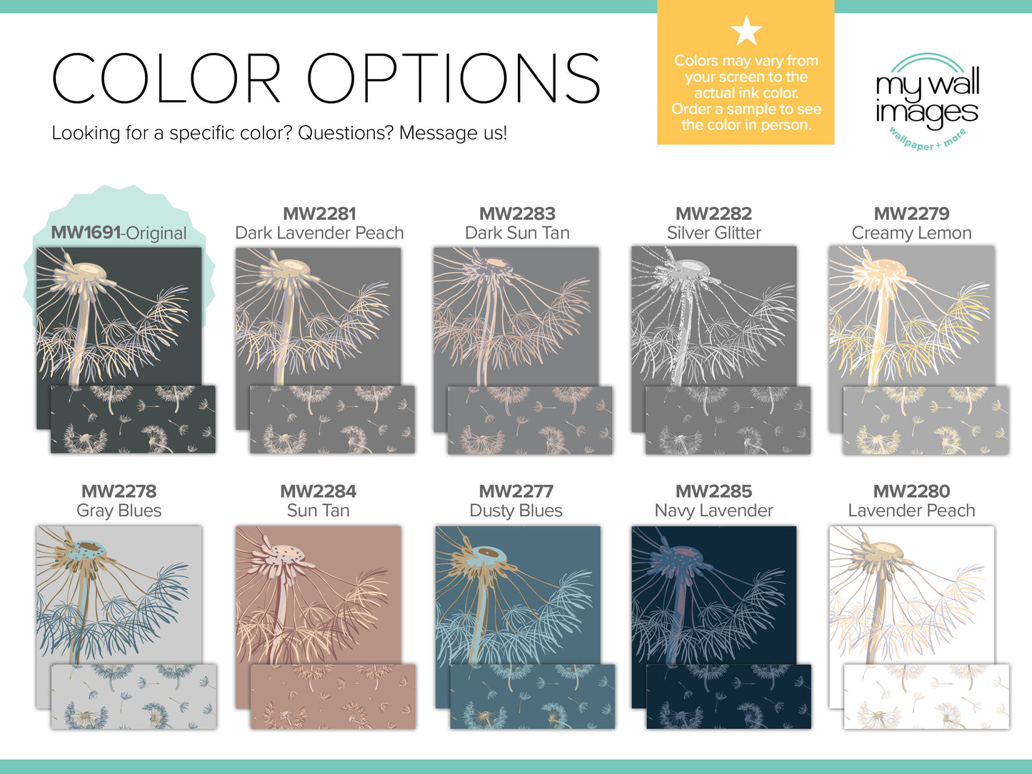 The image is a color options guide for wallpaper, featuring various shades of gray, pink, and blue dandelion-like patterns.
