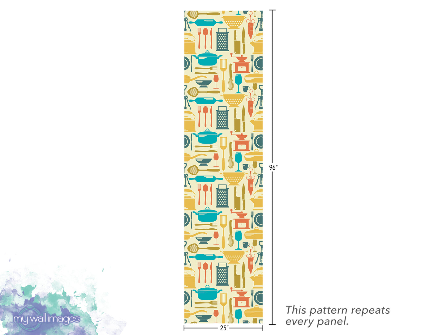 The image is a vertical panel with a repeating pattern of kitchen utensils and appliances, such as spoons, bowls, and measuring cups, in various colors like yellow, blue, and orange. The pattern repeats every panel, and the image is described to be 25 inches tall.