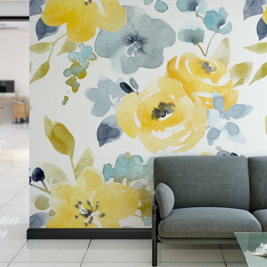 yellow floral wallpaper and murals