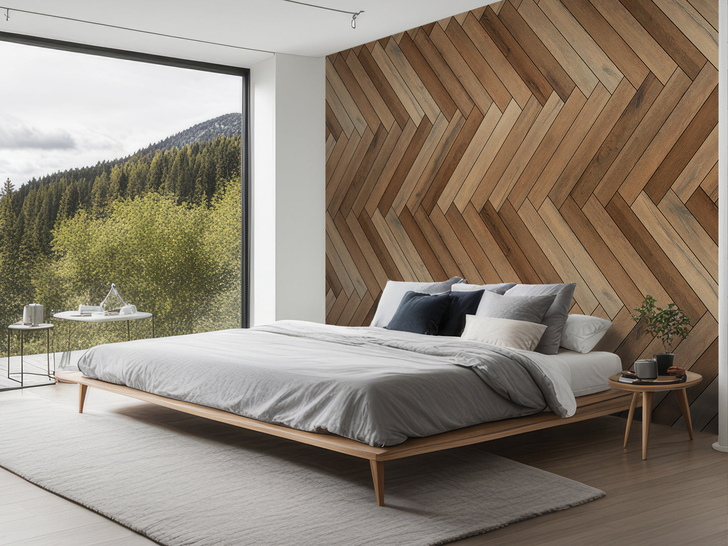 a modern bedroom with a large bed, wooden wall panels, and a large window overlooking a forested area.