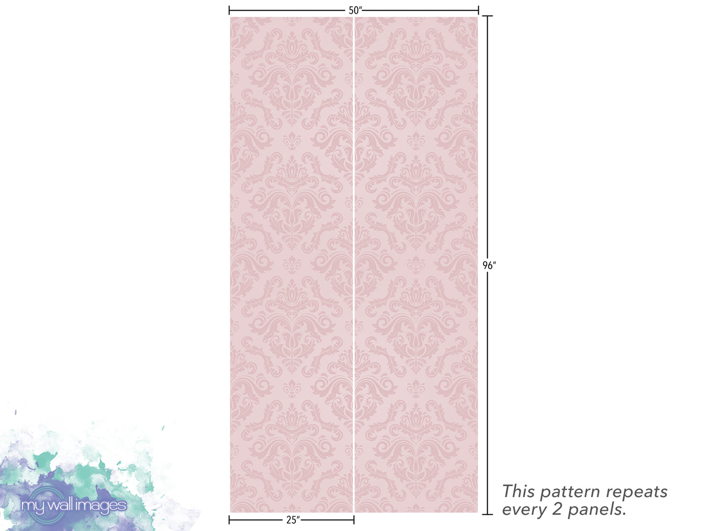 a pink patterned wallpaper with a repeating pattern of floral designs. The wallpaper is described as having a repeating pattern every 2 panels.