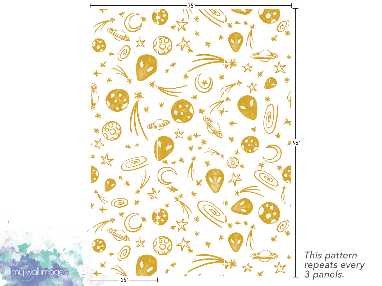 The image is a repeating pattern of various celestial objects, including planets, stars, and comets, in a golden color scheme. The pattern repeats every 3 panels, and the image is described as a collage of multiple images.