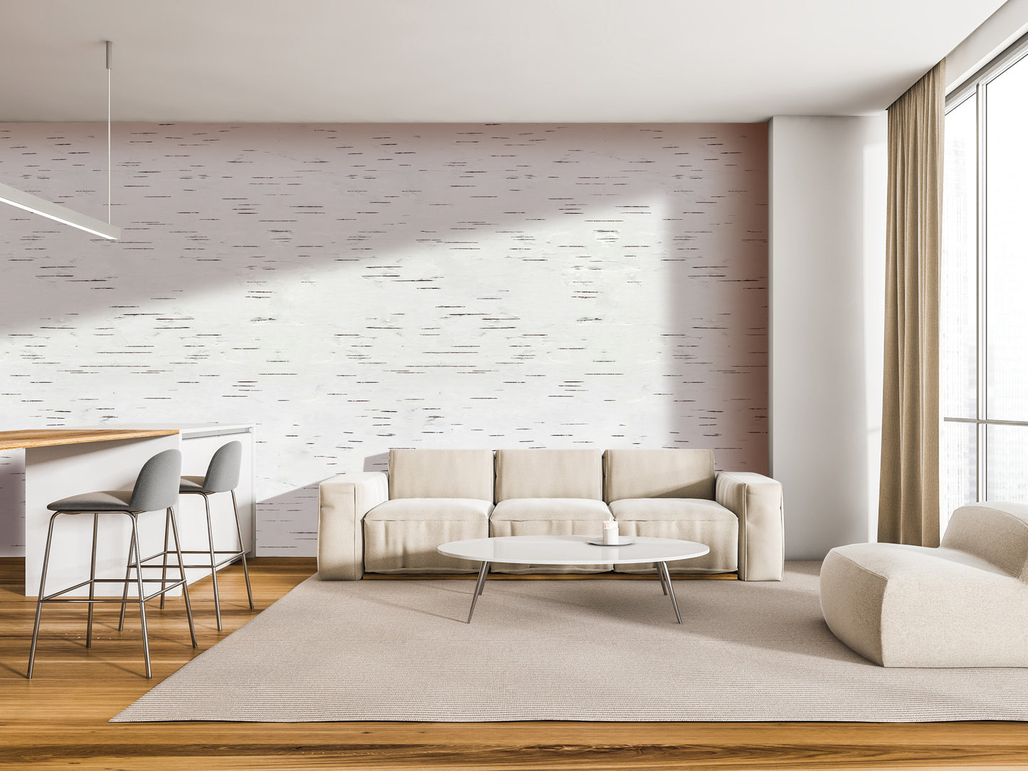 a modern living room with a white sofa, a round coffee table, and a barstool. The room has a neutral color scheme with a wooden floor and a large window providing natural light.