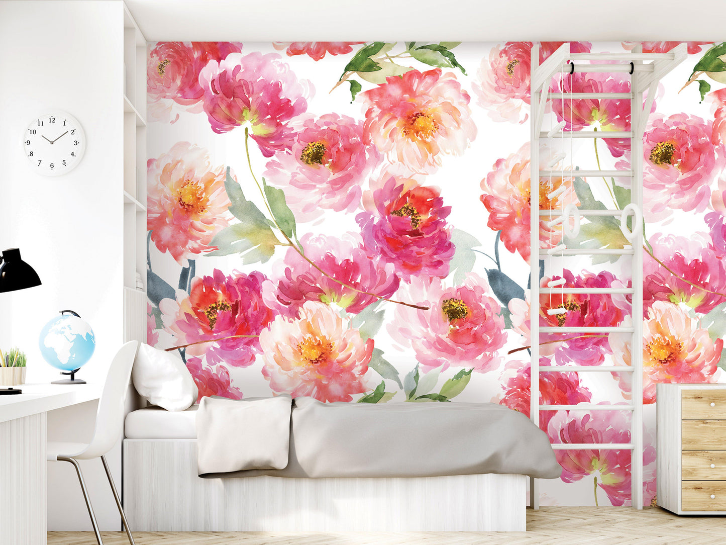 a bedroom with a large floral wallpaper covering the wall behind the bed. The wallpaper is predominantly pink and white, with various flowers and leaves. The room also includes a dresser, a nightstand, and a clock on the wall.