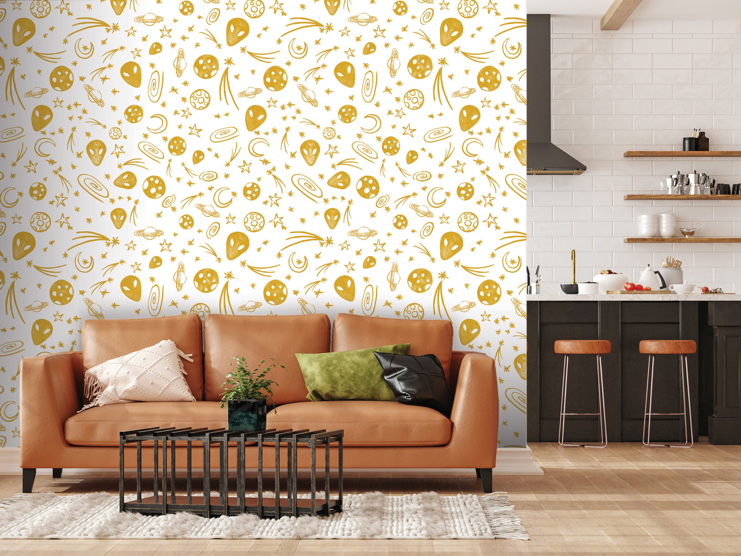a modern living room with a brown leather sofa, a black coffee table, and a kitchen area with a counter and stools. The wall behind the sofa is decorated with a repeating pattern of gold and white stars and balloons, creating a whimsical and playful atmosphere.