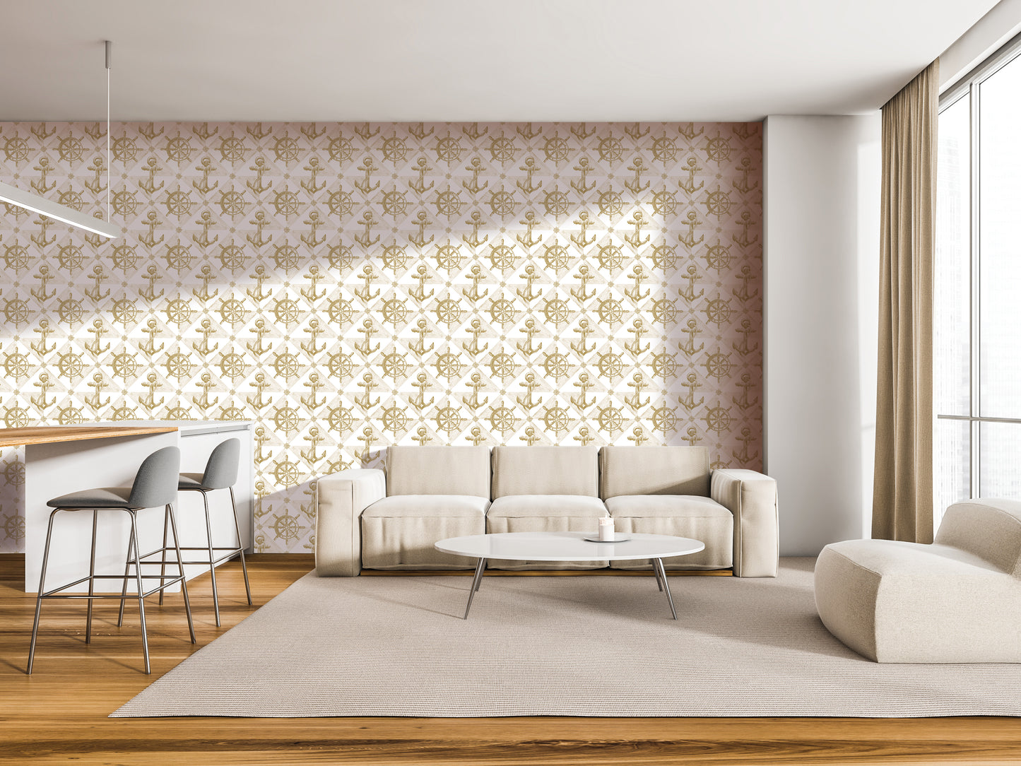 a modern living room with a white sofa, a round coffee table, and a bar with stools. The room has a neutral color scheme with a gold anchor pattern on the wall behind the sofa.