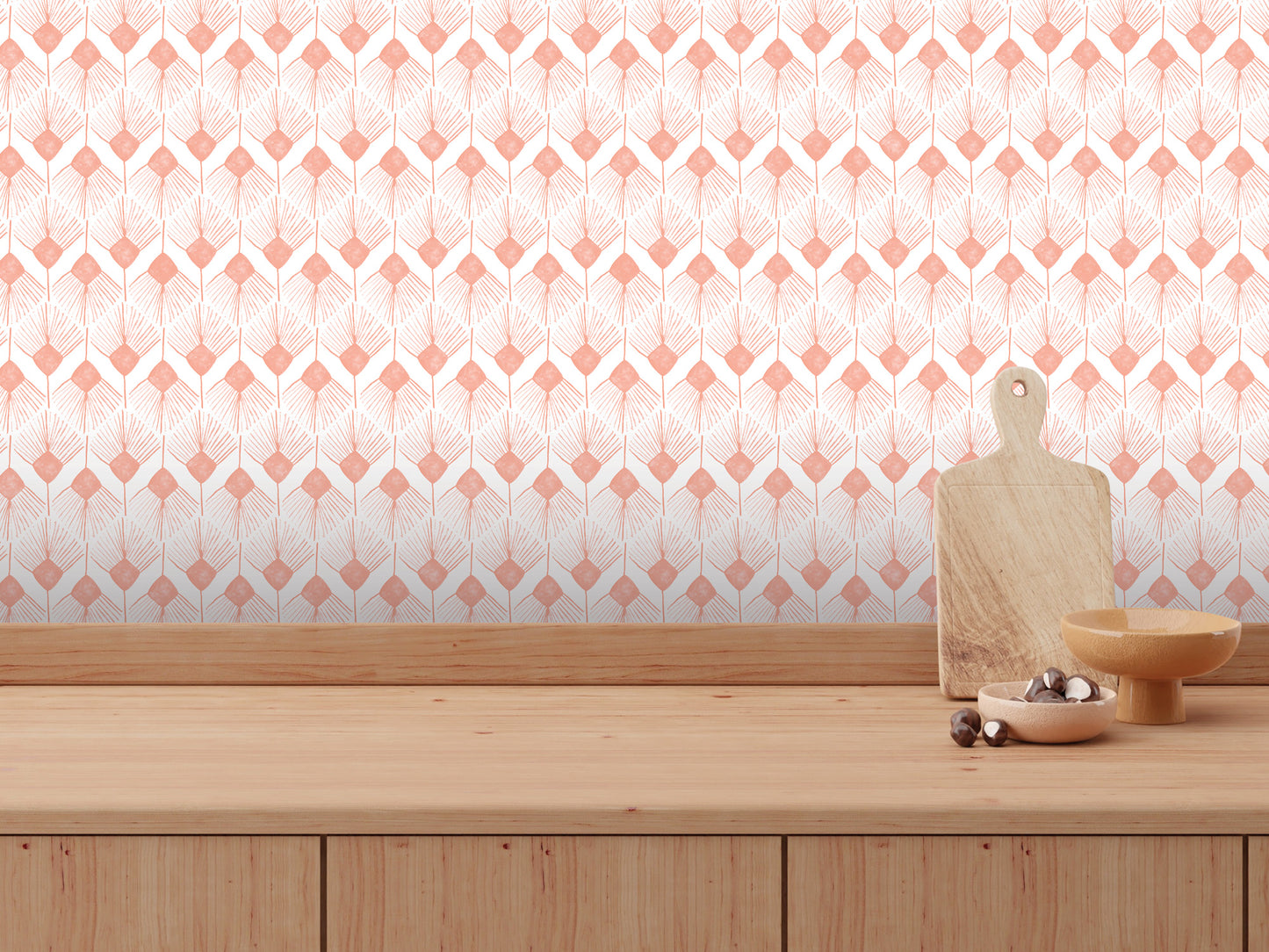 a wooden table with a wooden cutting board, a bowl, and a small wooden bowl on it. The table is set against a wall with a repeating pattern of pink and white geometric shapes.
